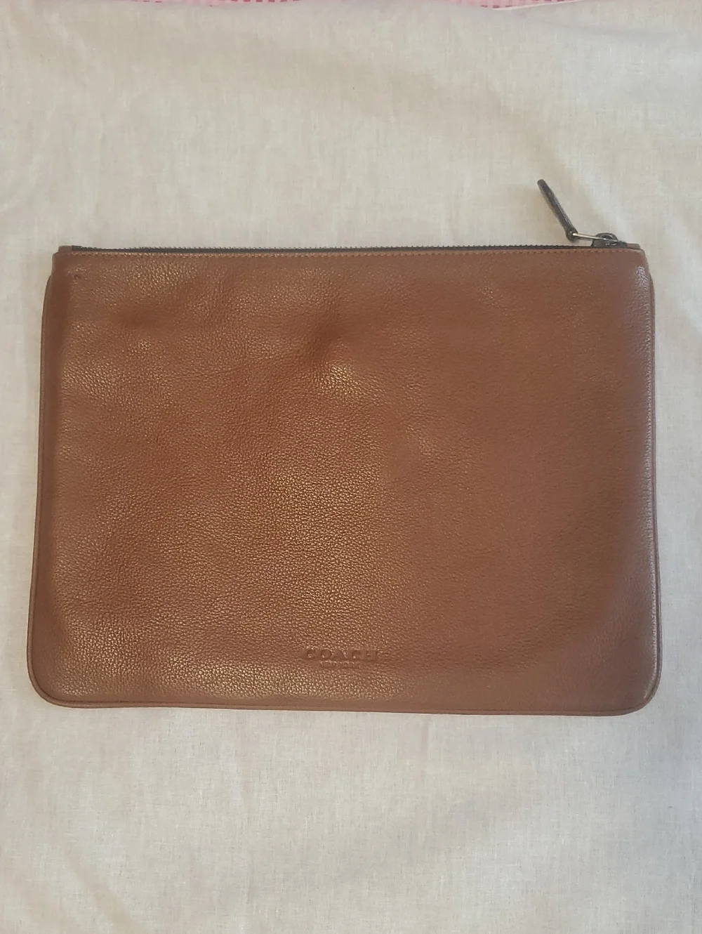 Coach Brown Leather Laptop Pouch with Navy and Cream Stripes